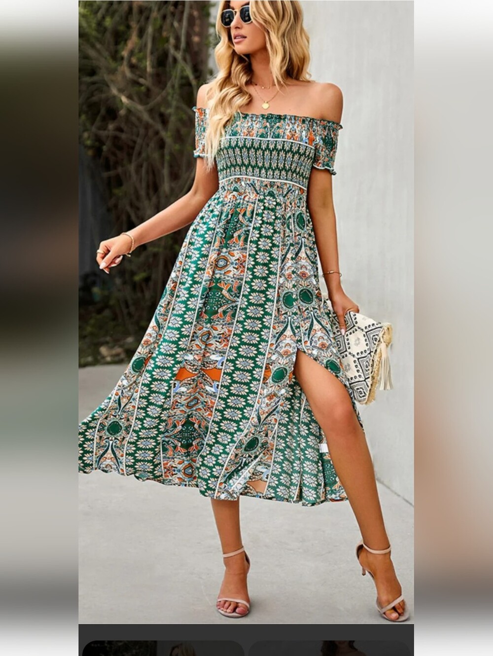 Bohemian Off-Shoulder Frill Trim Split Dress, GREEN PATTERN  CUTE FOR SUMMER